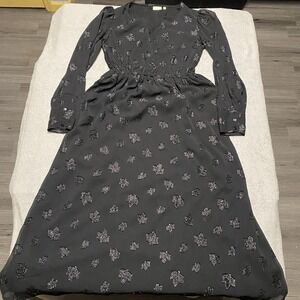 Spartina 449 Maxi Dress Small Black Leaf Embellished Sparkle Long Sleeve V Neck